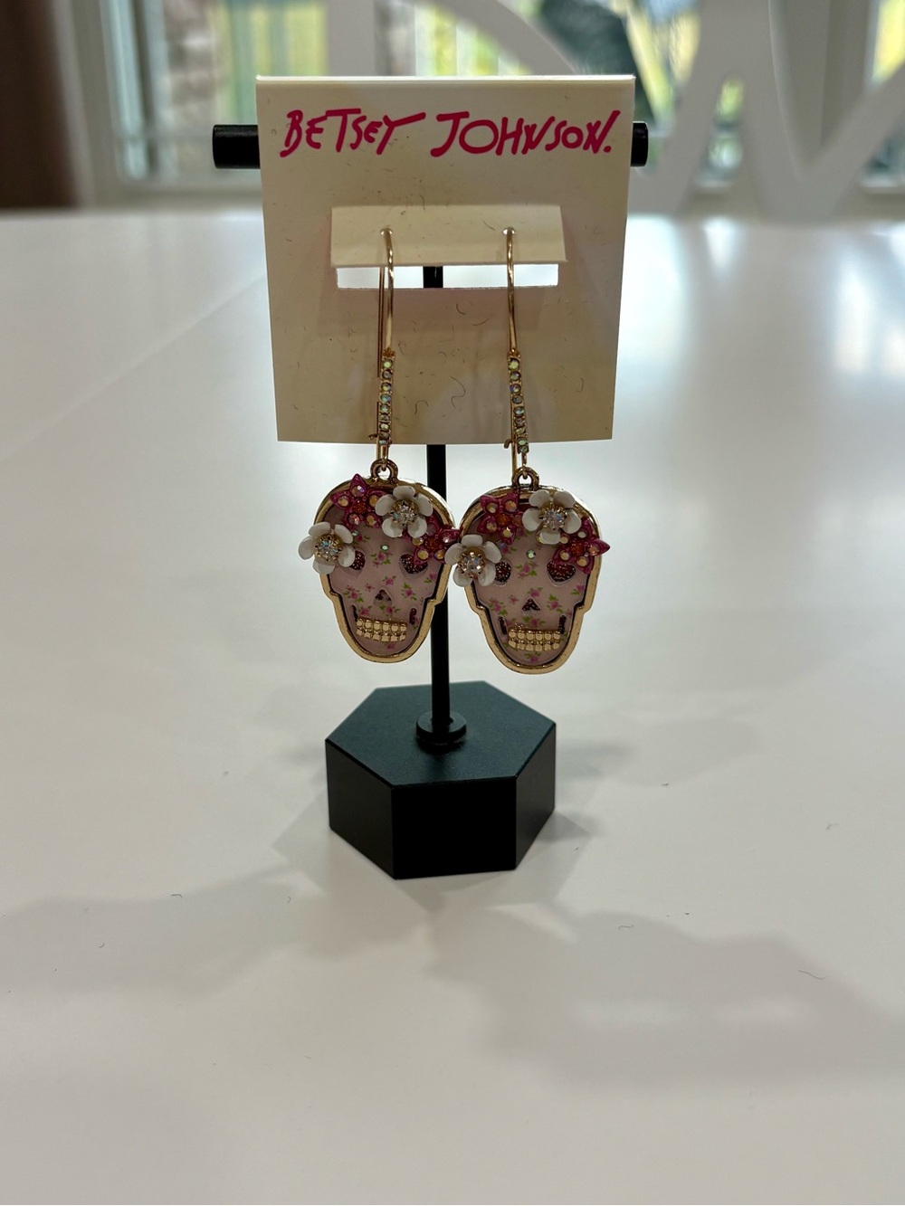 Betsey Johnson Pink Floral Skull Drop Earrings NWT